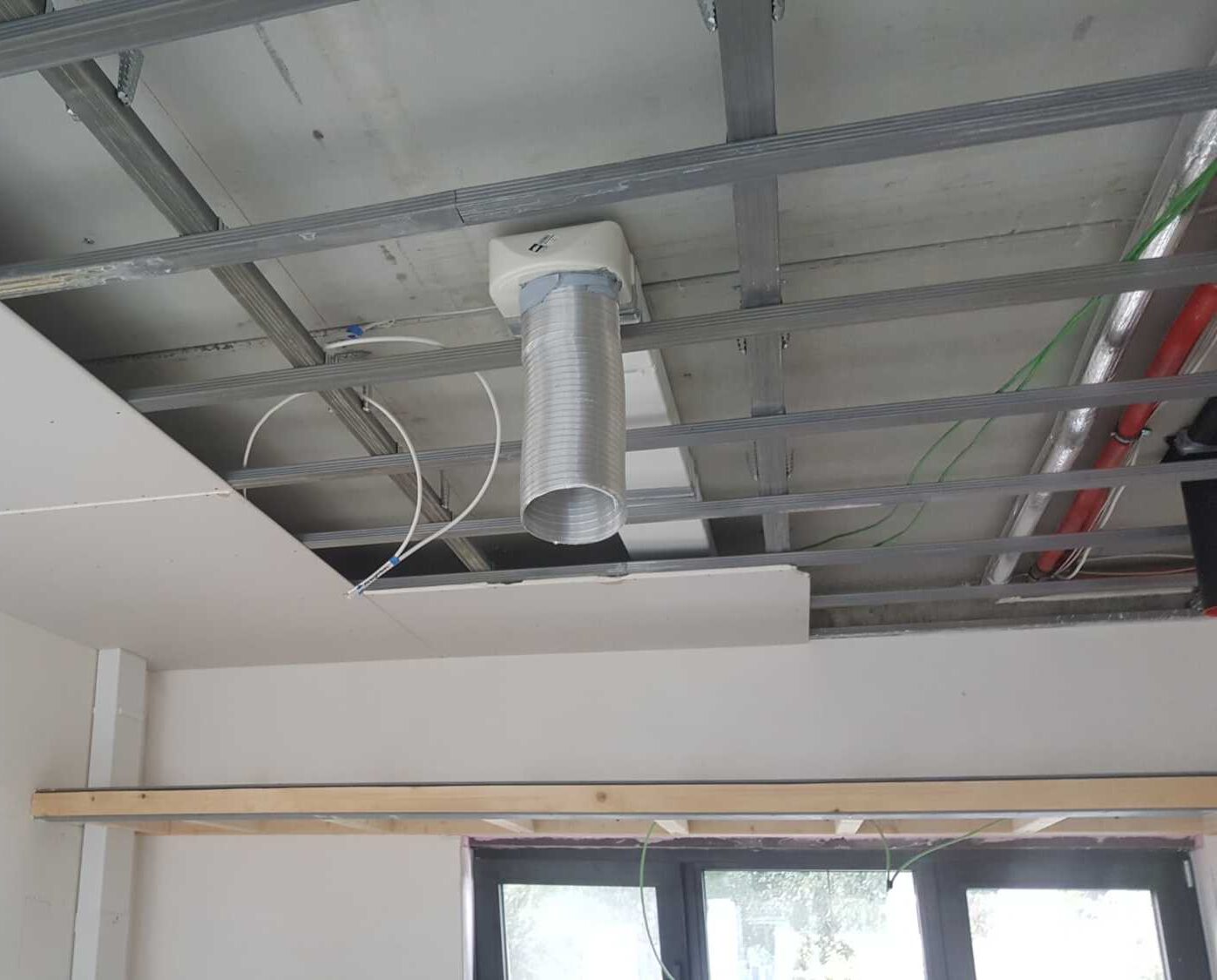 HVAC ductwork installation in ceiling for new home in Spruce Grove, AB