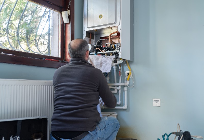 A Technician Is Looking at a Furnace for Repairs in Edmonton & Spruce Grove